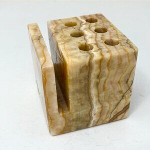 MCM Vintage Onyx Office Cube Organizer Pen & Business Card Holder Marble Granite